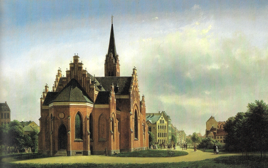 Udsigt fra Nørre Fælled mod Sankt Johannes Kirken (Ferdinad Richardt) 1869 (Københavns Museum)