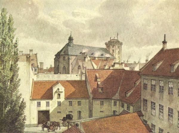 I Pustervig lå gæstgiveriet "Gammel Avlsgård". Her på en akvarel udført af H. G. F. Holm (tilhører Københavns Museum).