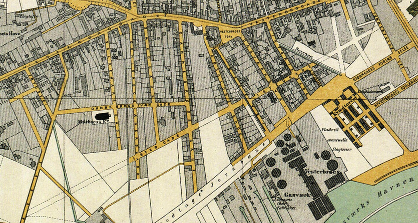 Udsnit af Kort over Kjøbenhavn med nærmeste omegn. Udført af V. F. A. Berggreen. 1883. (Det Kgl. Bibliotek). Istedgade er nu anlagt på flere strækninger, men er endnu kun på tegnebrædtet i sin fulde længde.