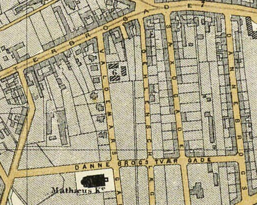 Udsnit af kort over Kjøbenhavn med nærmeste omegn. Frederiksberg, Vesterbro m.m. Udført af V. F. A. Berggreen. 1879. (Det Kgl. Bibliotek)