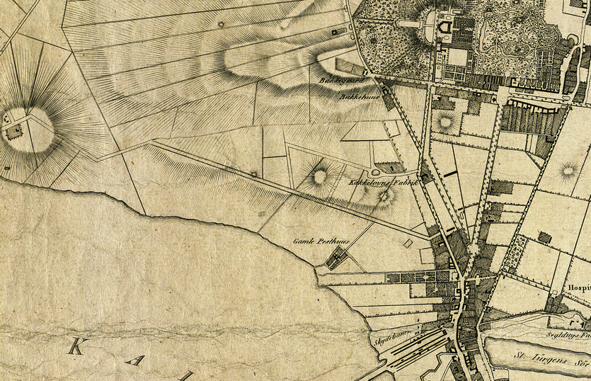 Enghavevej på A. C. Krebs' kort over København og omegn fra 1806. Vejen udgik som i dag fra Vesterbrogade, og gik mod sydvest og slog nogle sving, og fortsatte som Gammel Køge Landevej langs Køge Bugt. 