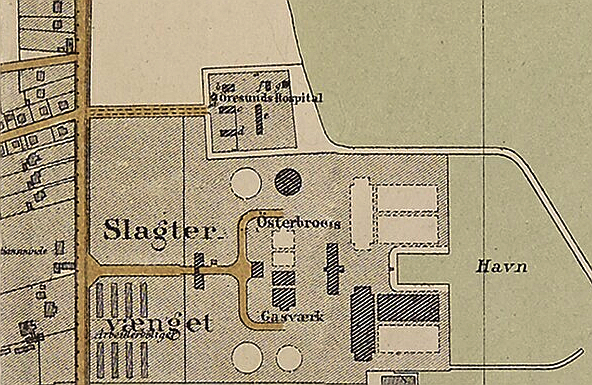 Udsnit af Kort over Kjøbenhavn med nærmeste omegn 1879. Udført af V. F. A. Berggreen. (Det Kgl. Bibliotek)