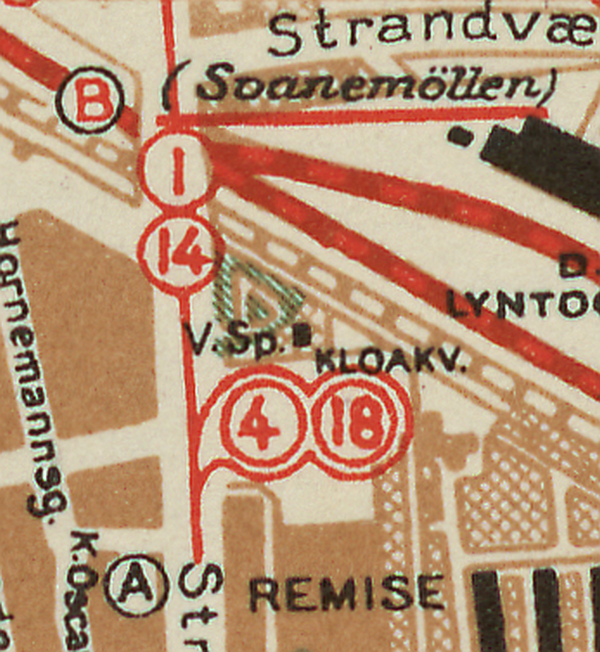 Visse sporvognslinjer havde endestion ved Svanemøllen, men andre fortsatte nordpå. Udsnit af Kort over København 1939. Geodætisk Institut (Københavns Stadsarkiv)