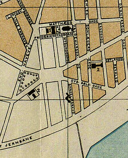 Udsnit af Kort over Kjøbenhavn og Frederiksberg. Udført af V. F. A. Berggreen m.fl. 1894. (Det Kgl. Bibliotek)