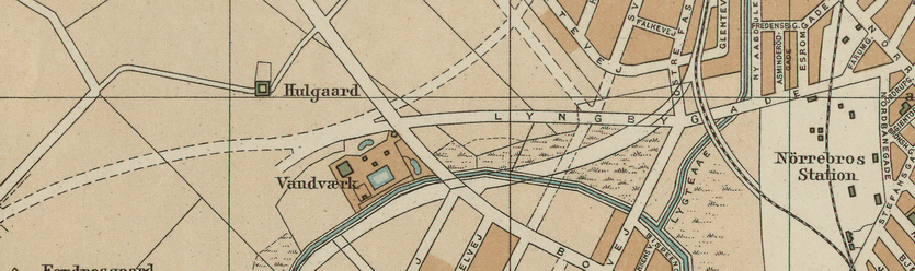 Udsnit af Kort over København. Udarbejdet af Axel E. Aamodt 1914 (Original i Københavns Stadsarkiv). Til venstre ses den projekterede forlængelse af Hillerødgade.