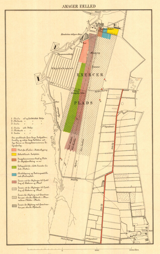 Kort over Amager Fælled ca. 189 med eksercerplads og skydebaner (Københavns Stadsarkiv)
