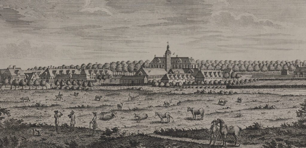 Jægersborg Slot. Kobberstik af Johan Jacob Bruun, 1756 (Det Kgl. Bibliotek)