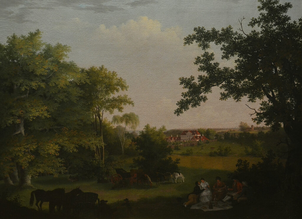 Jens Peter Møller: Parti fra Jægersborg med frokost i det grønne og udsigt til Schæffergården og Gentofte Kirke,1806. Tilhører Øregaard Museum.